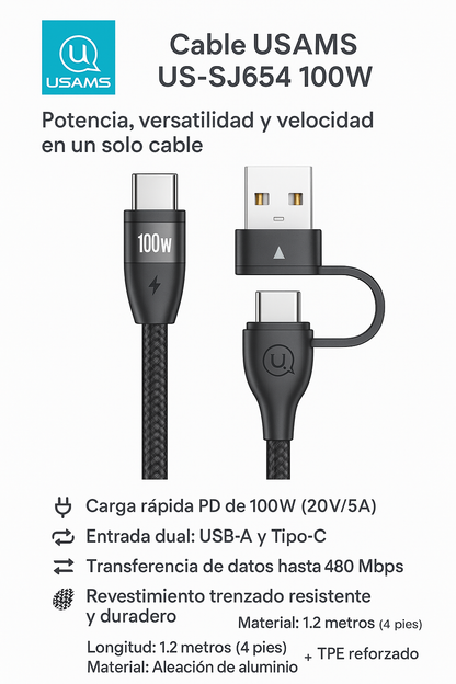 Cable USAMS US-SJ654 100W | Tipo-C a Tipo-C + USB-A